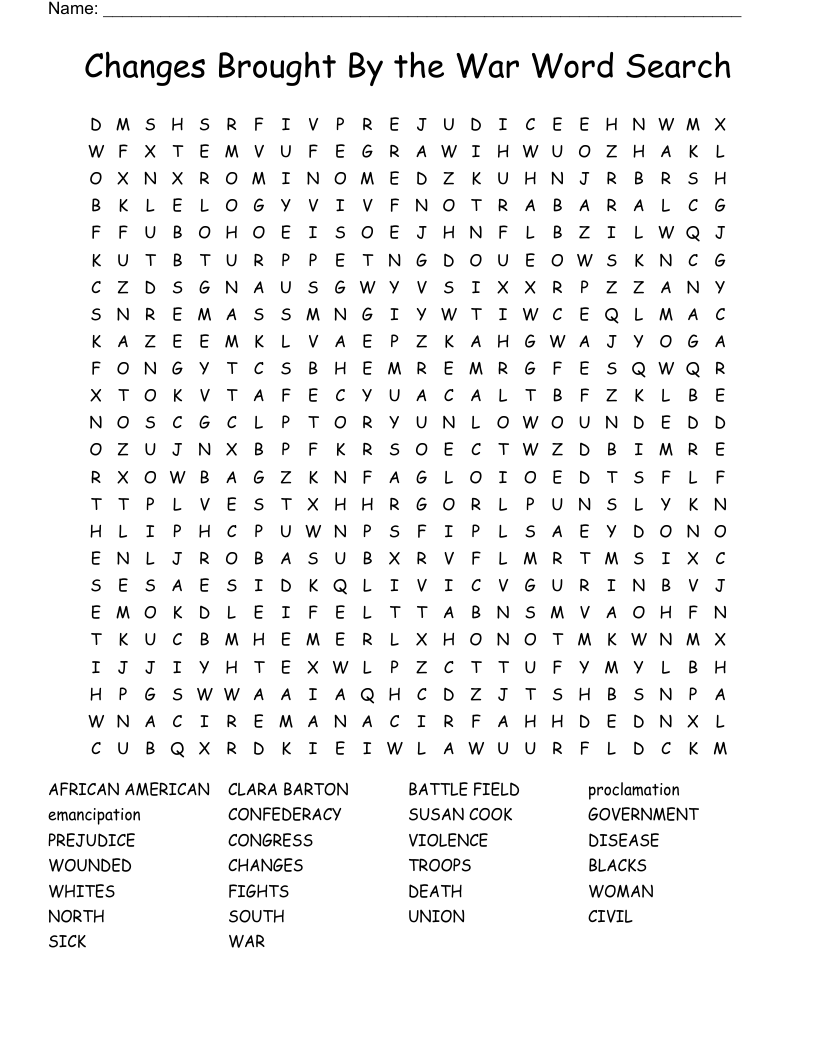 Changes Brought By the War Word Search
