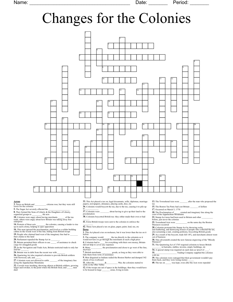 Changes for the Colonies Crossword