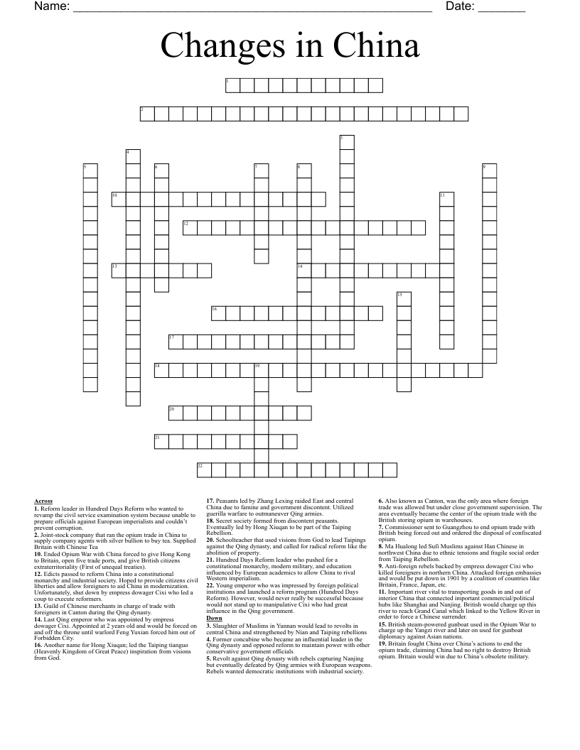 Changes in China Crossword
