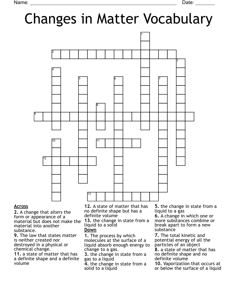 Changes in Matter Vocabulary Crossword