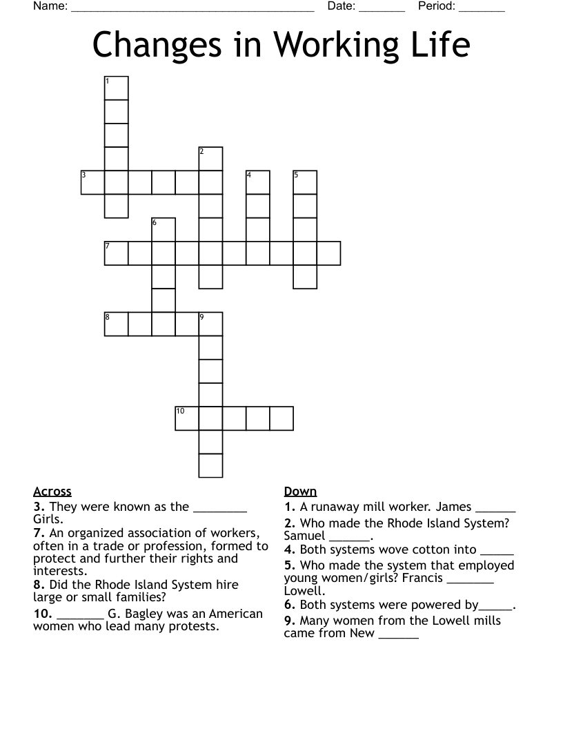 Changes in Working Life Crossword