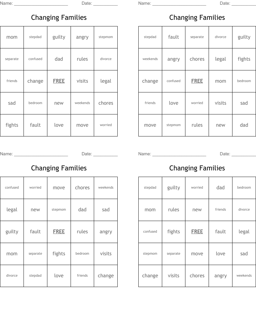 Changing Families Bingo Cards