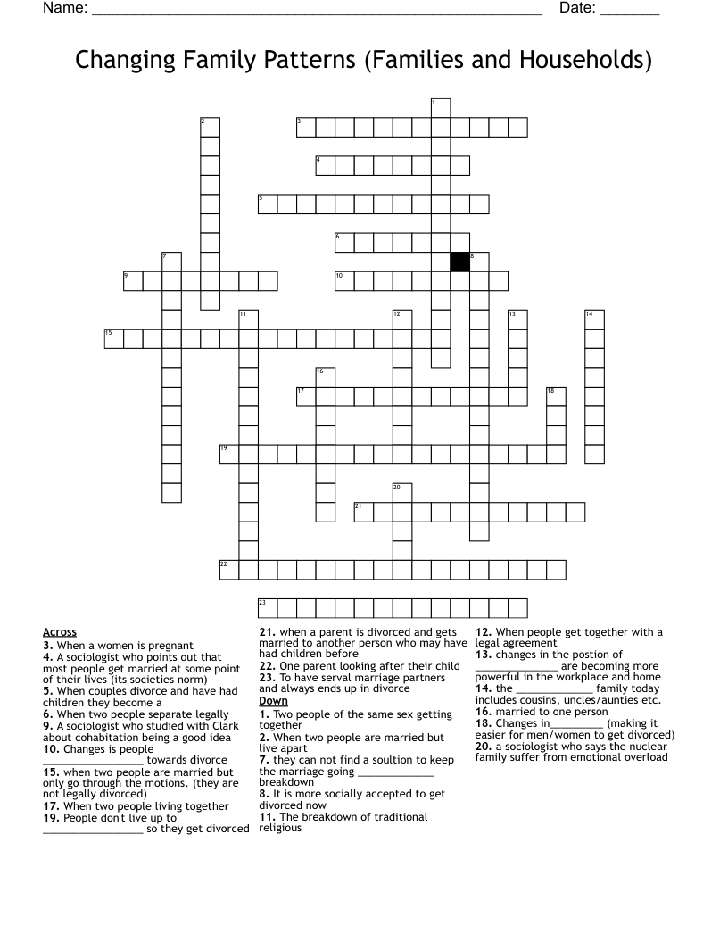 Changing Family Patterns (Families and Households) Crossword