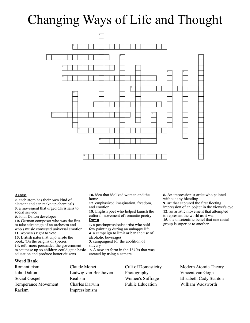 Changing Ways of Life and Thought  Crossword