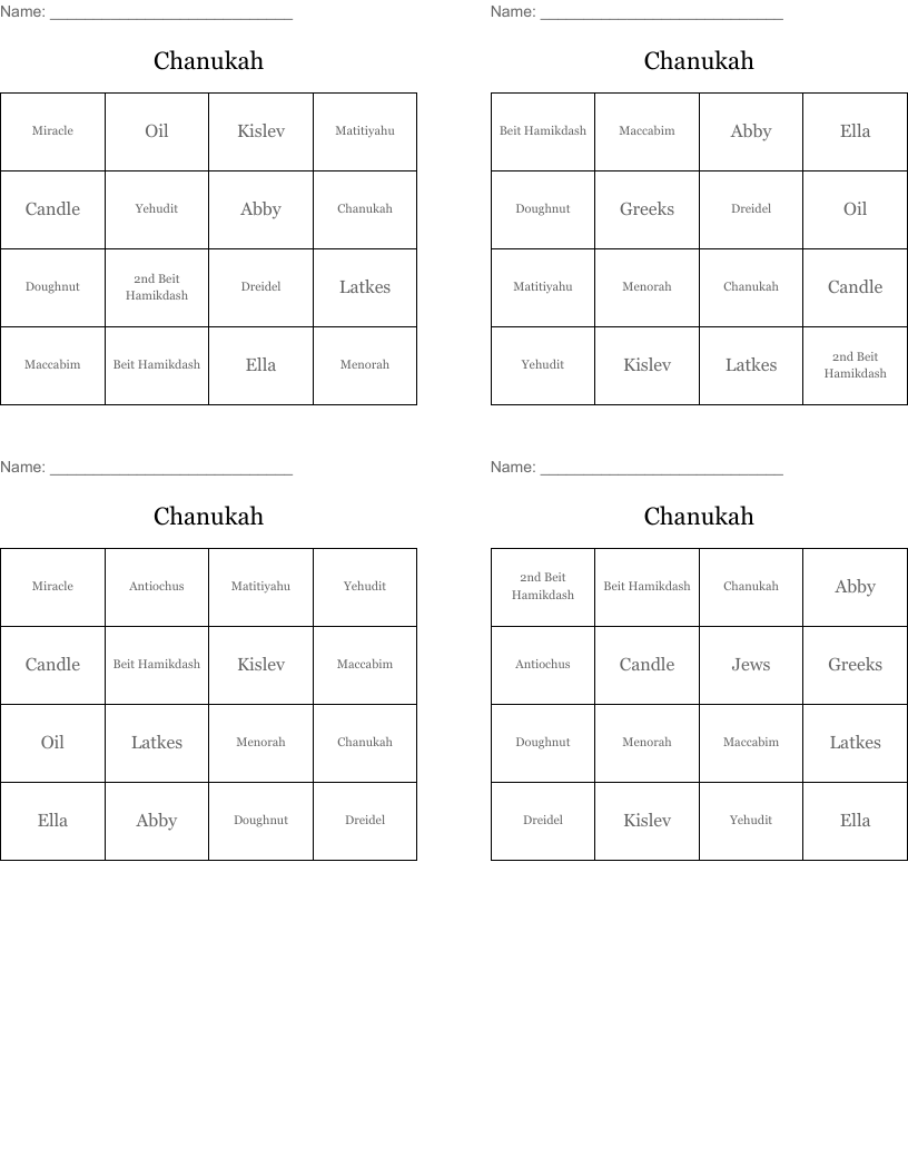 Chanukah Bingo Cards
