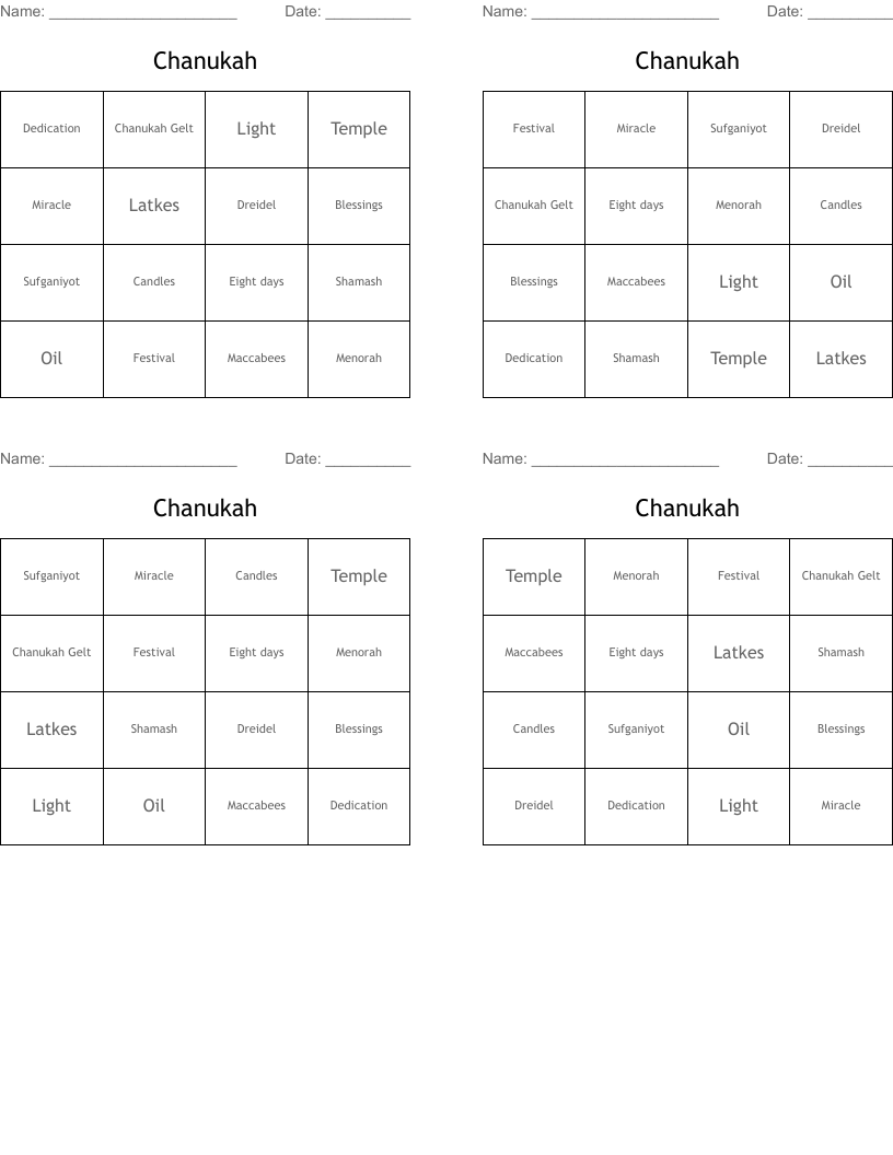 Chanukah Bingo Cards