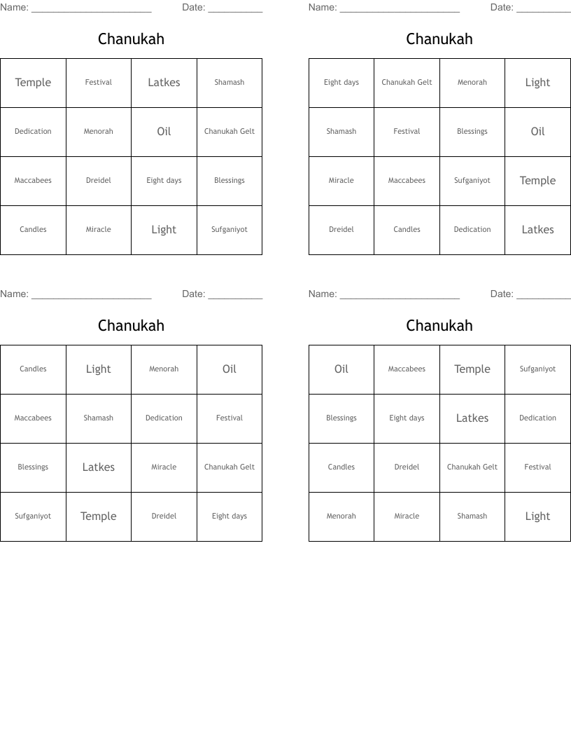 Chanukah Bingo Cards