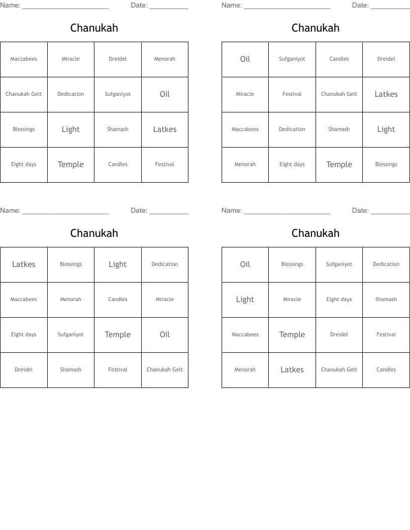 Chanukah Bingo Cards