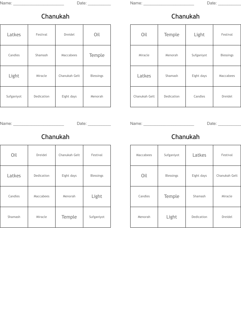 Chanukah Bingo Cards