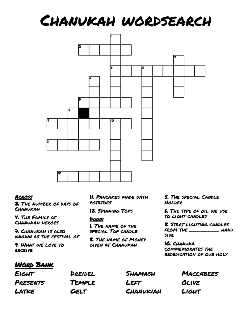 Chanukah wordsearch Crossword