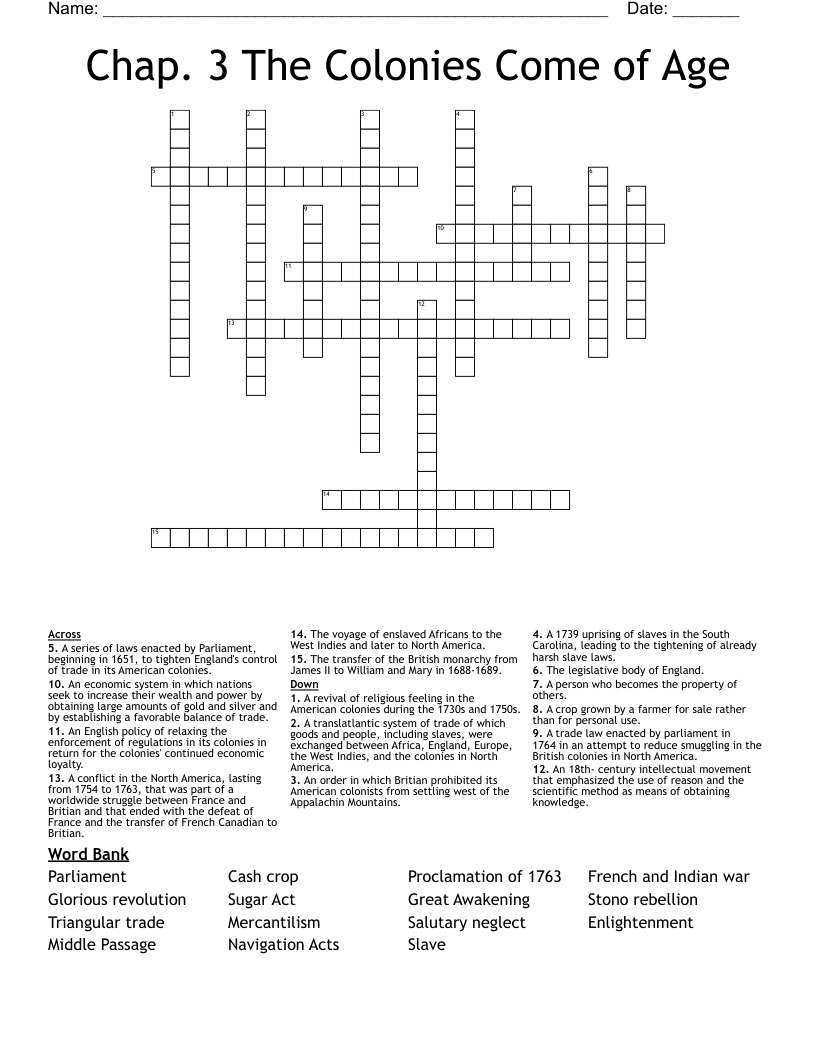 Chap. 3 The Colonies Come of Age Crossword
