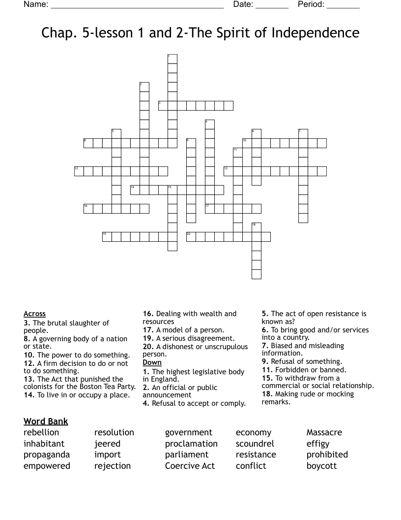 Chap. 5-lesson 1 and 2-The Spirit of Independence Crossword