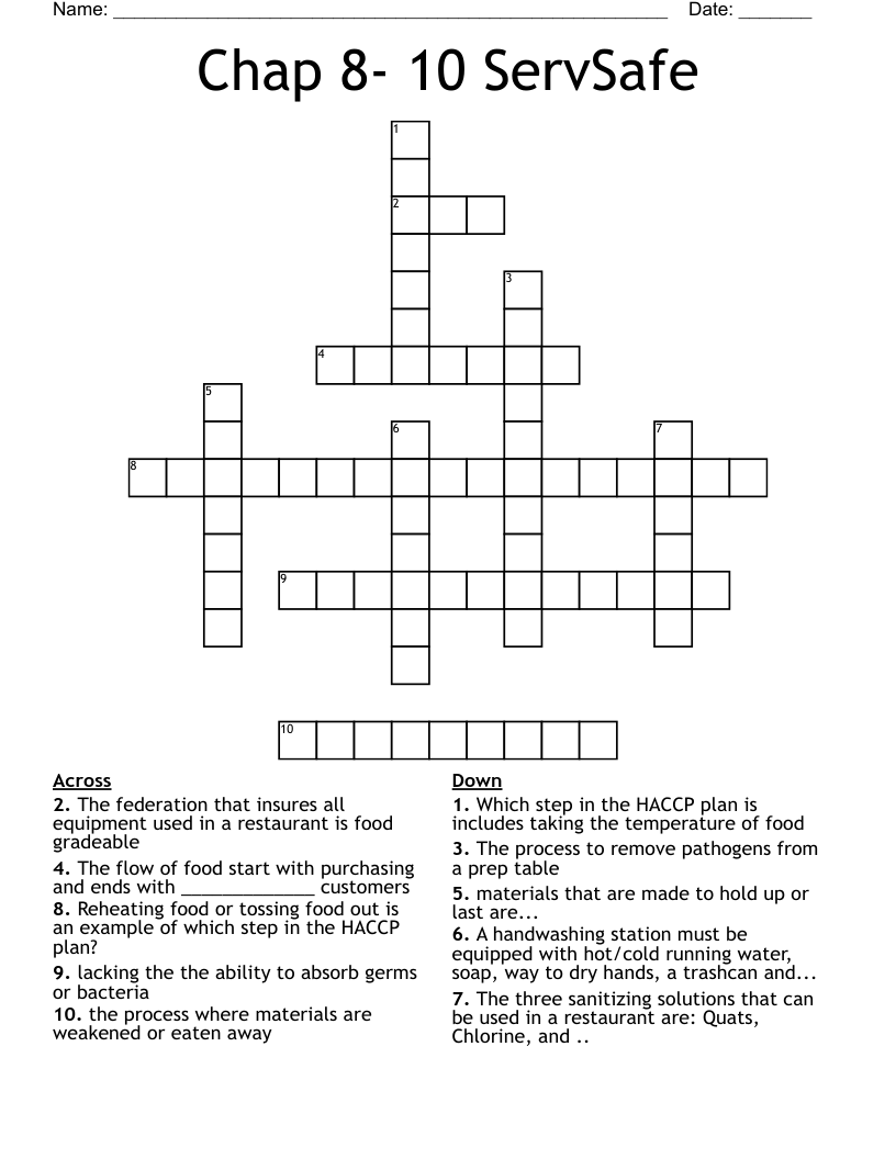 Chap 8- 10 ServSafe  Crossword