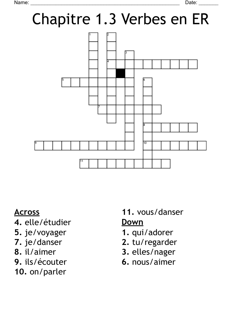 Chapitre 1.3 Verbes en ER Crossword