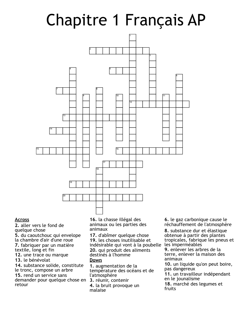 Chapitre 1 Français AP Crossword