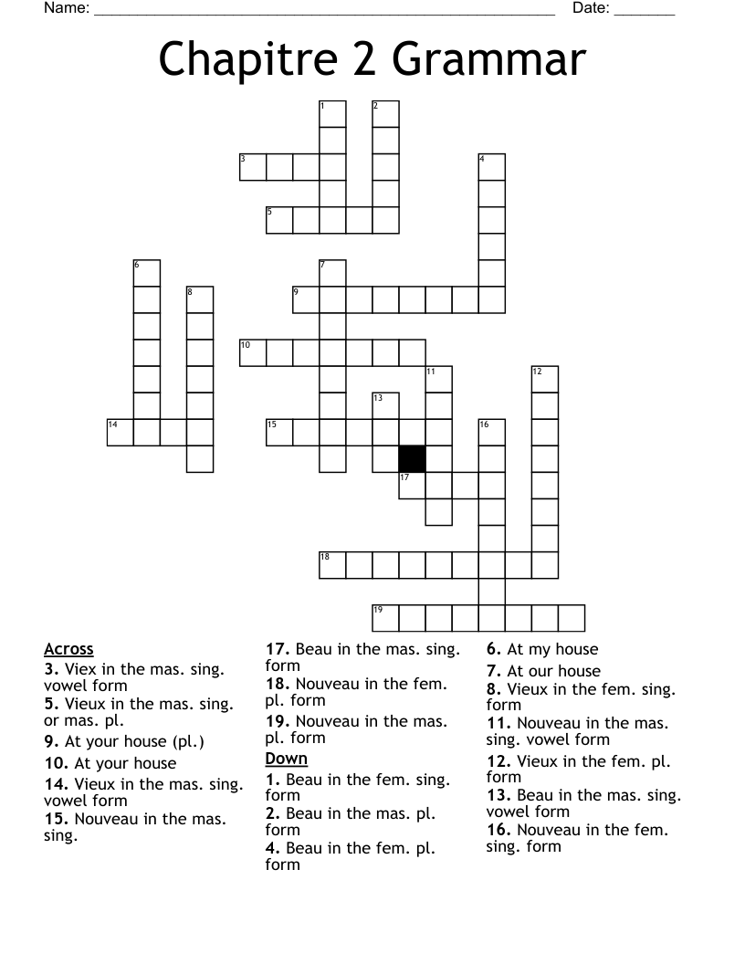 Chapitre 2 Grammar Crossword