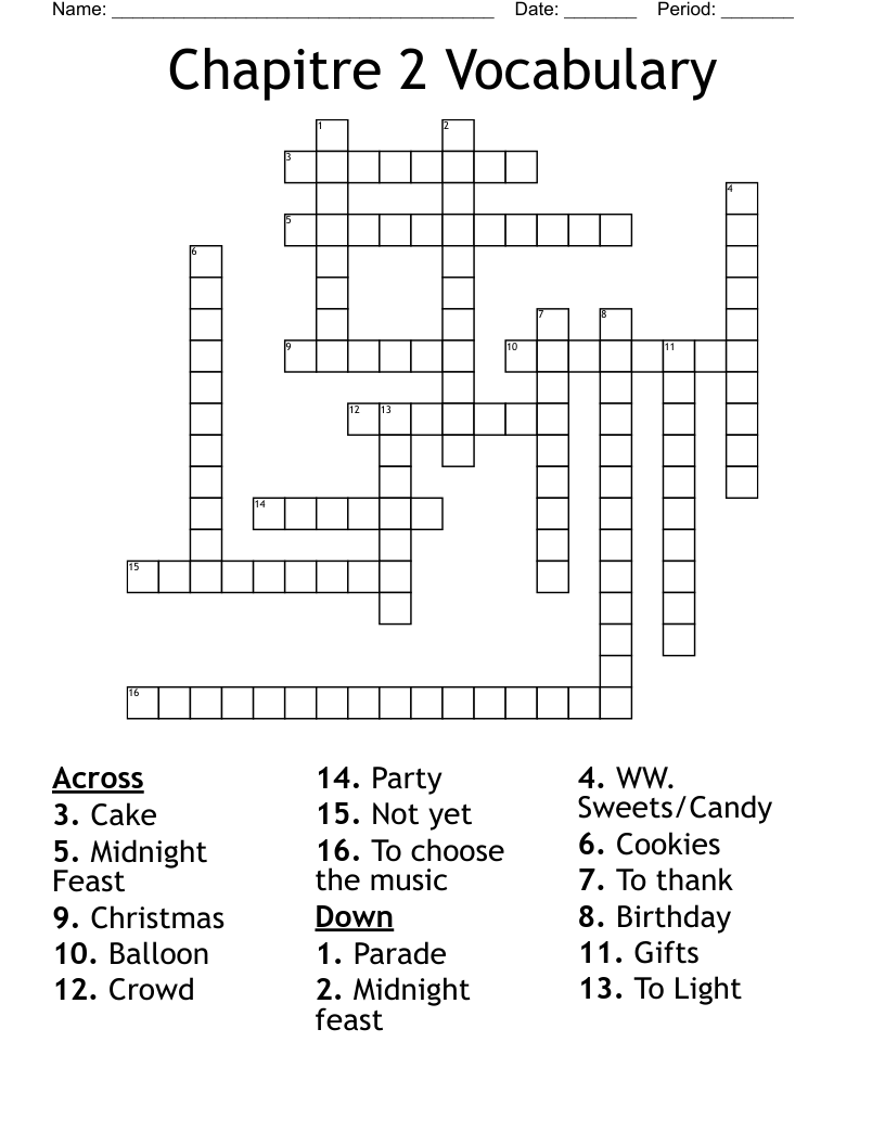 Chapitre 2 Vocabulary  Crossword