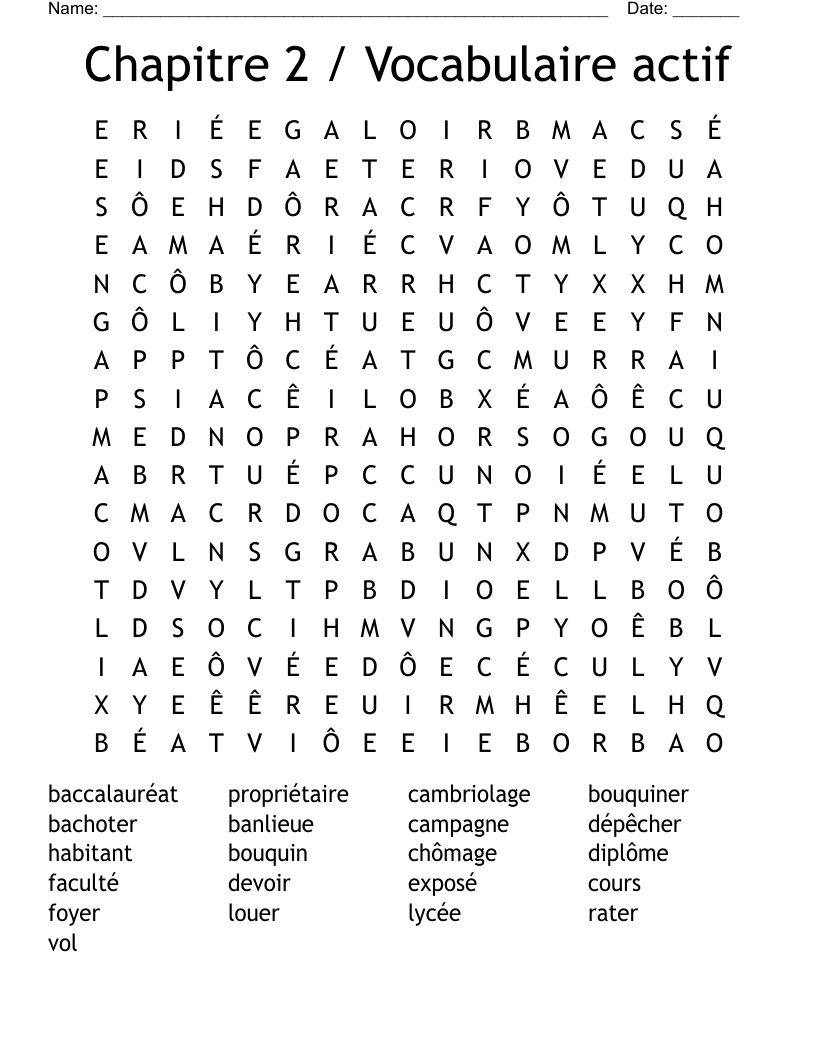 Chapitre 2 / Vocabulaire actif Word Search