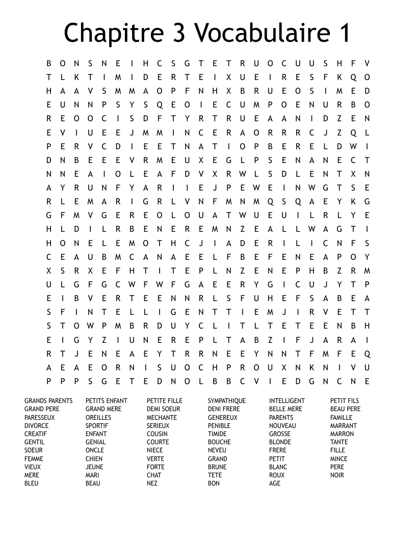 Chapitre 3 Vocabulaire 1 Word Search