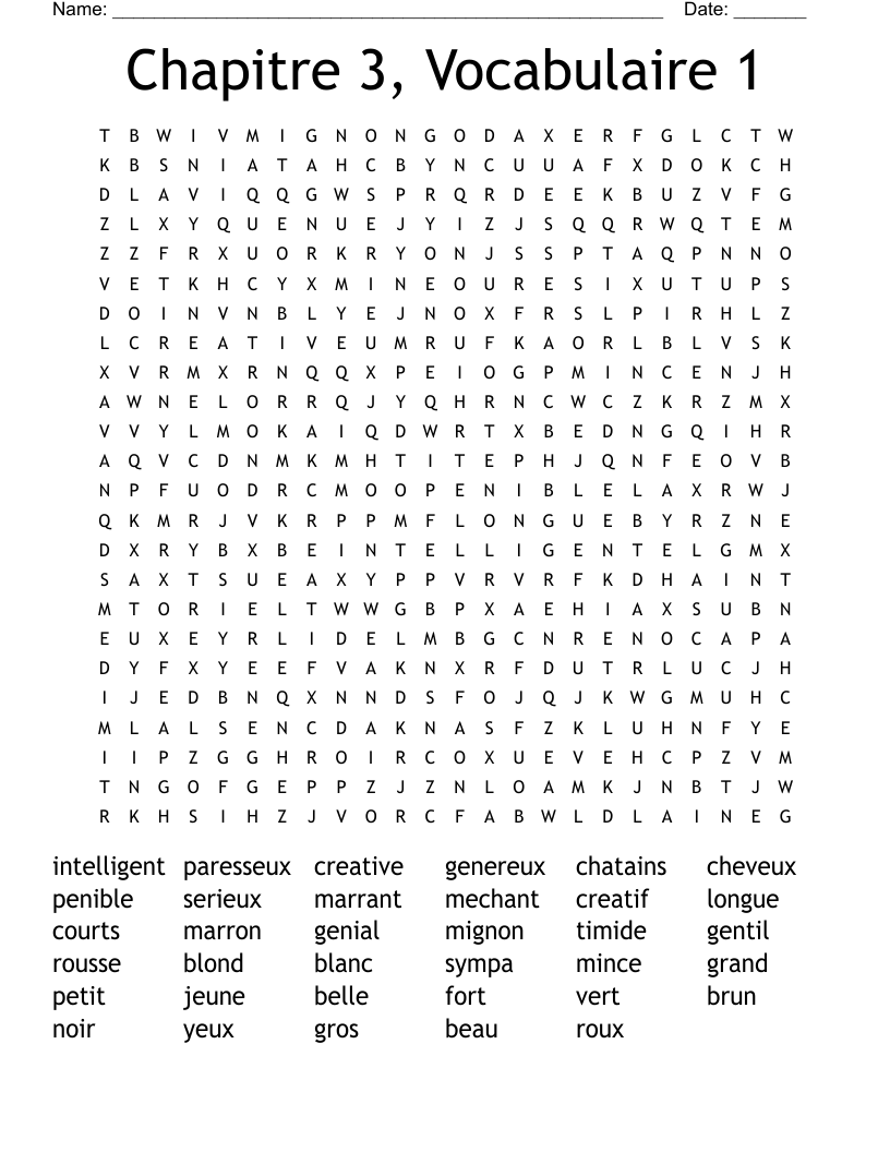 Chapitre 3, Vocabulaire 1 Word Search