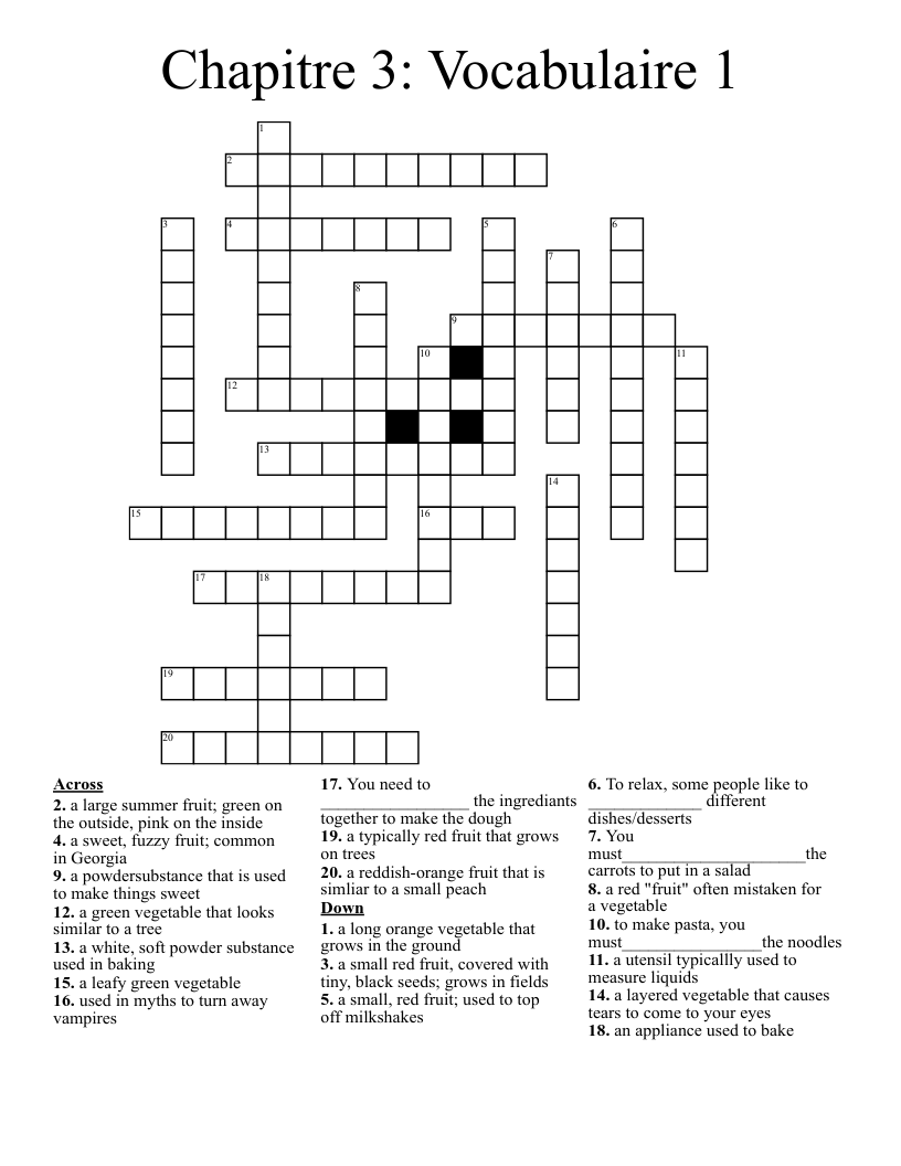 Chapitre 3: Vocabulaire 1 Crossword