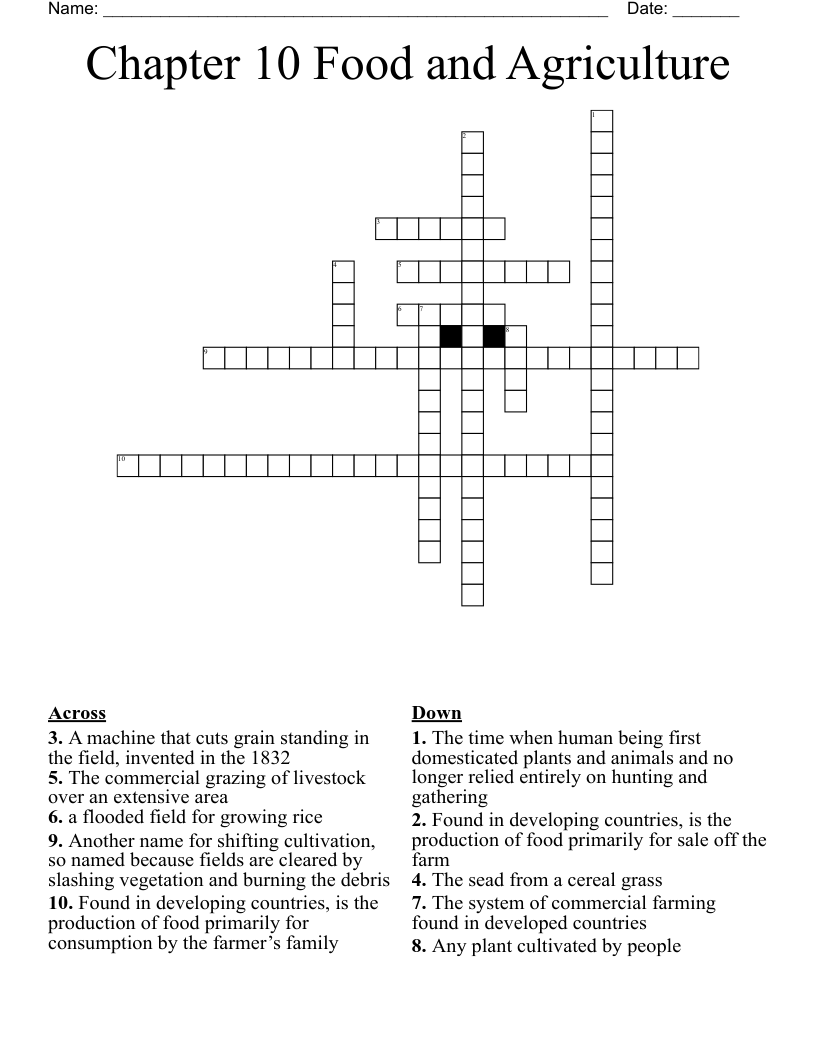 Chapter 10 Food and Agriculture Crossword