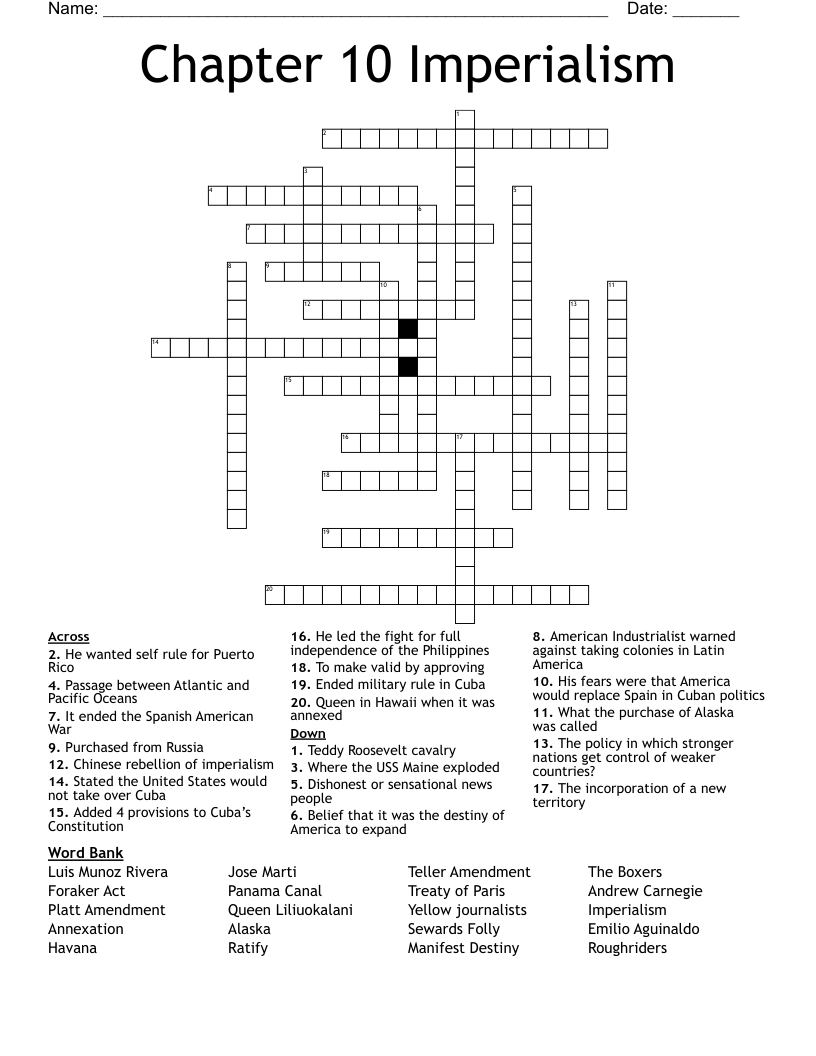 Chapter 10 Imperialism Crossword