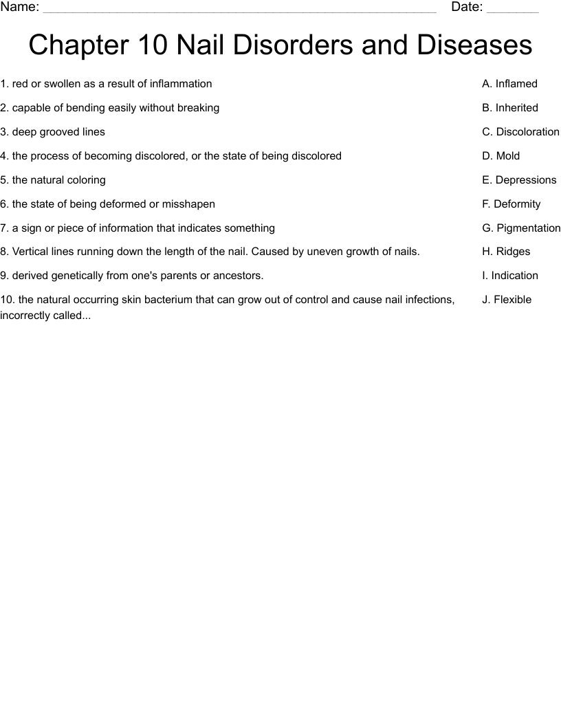 Chapter 10 Nail Disorders and Diseases Worksheet