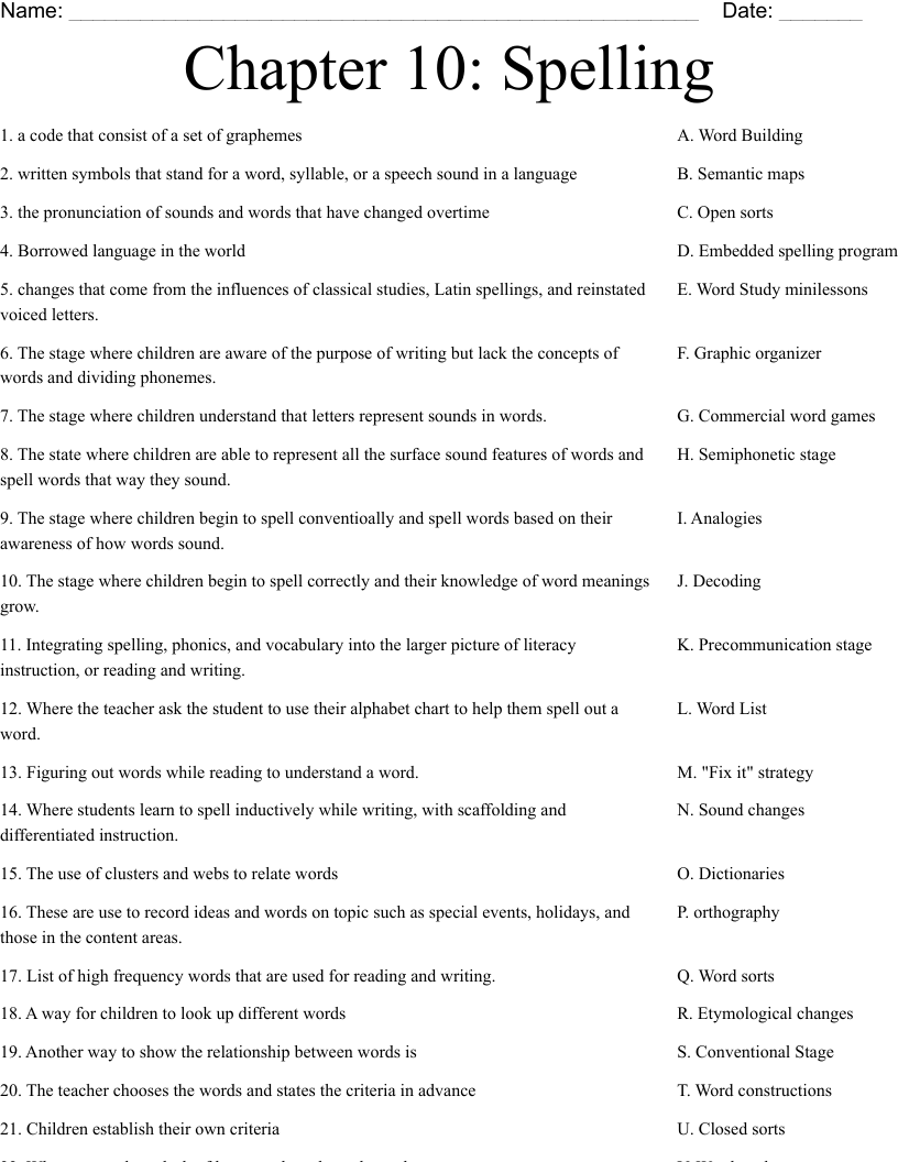 Chapter 10: Spelling Worksheet