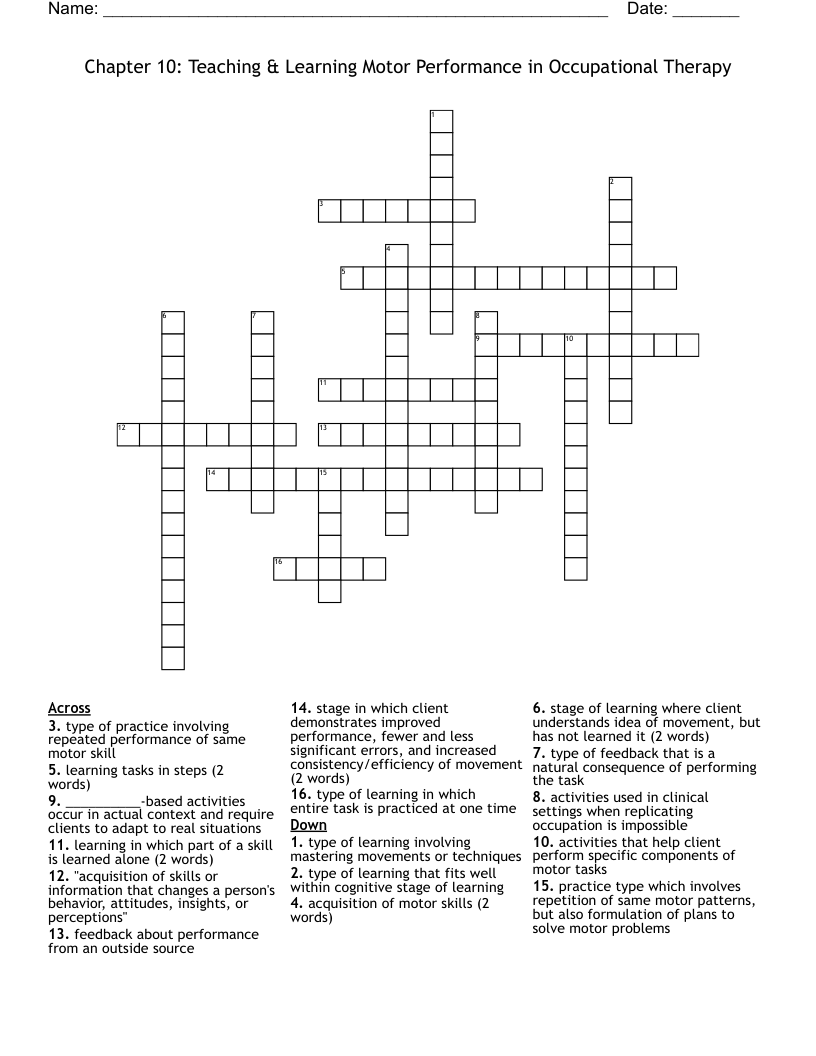 Chapter 10: Teaching & Learning Motor Performance in Occupational Therapy Crossword