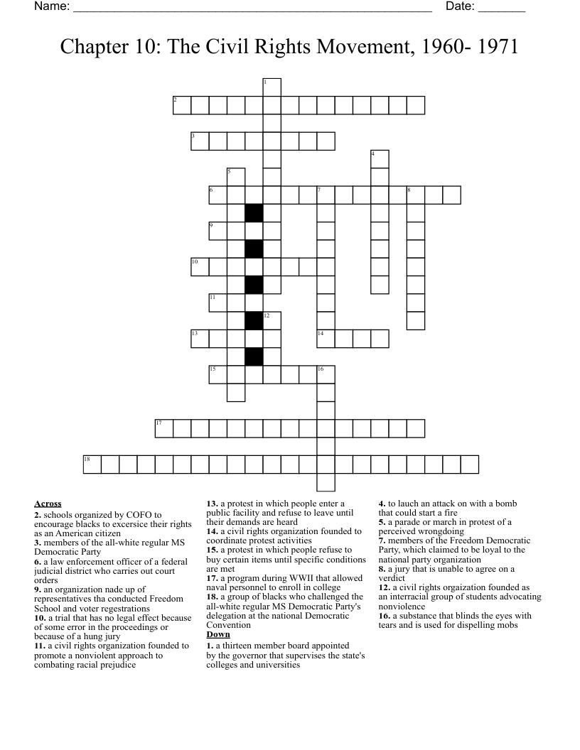Chapter 10: The Civil Rights Movement, 1960- 1971 Crossword