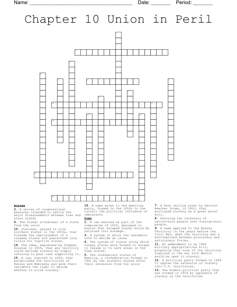Chapter 10 Union in Peril Crossword