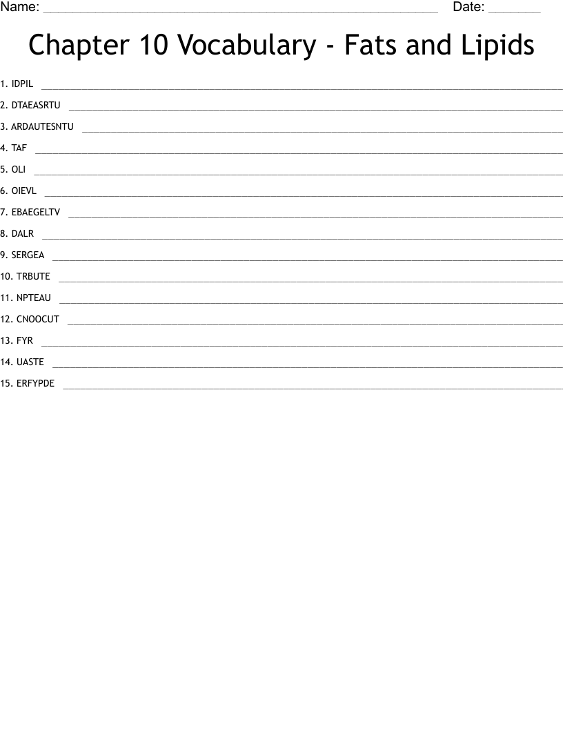 Chapter 10 Vocabulary - Fats and Lipids Word Scramble