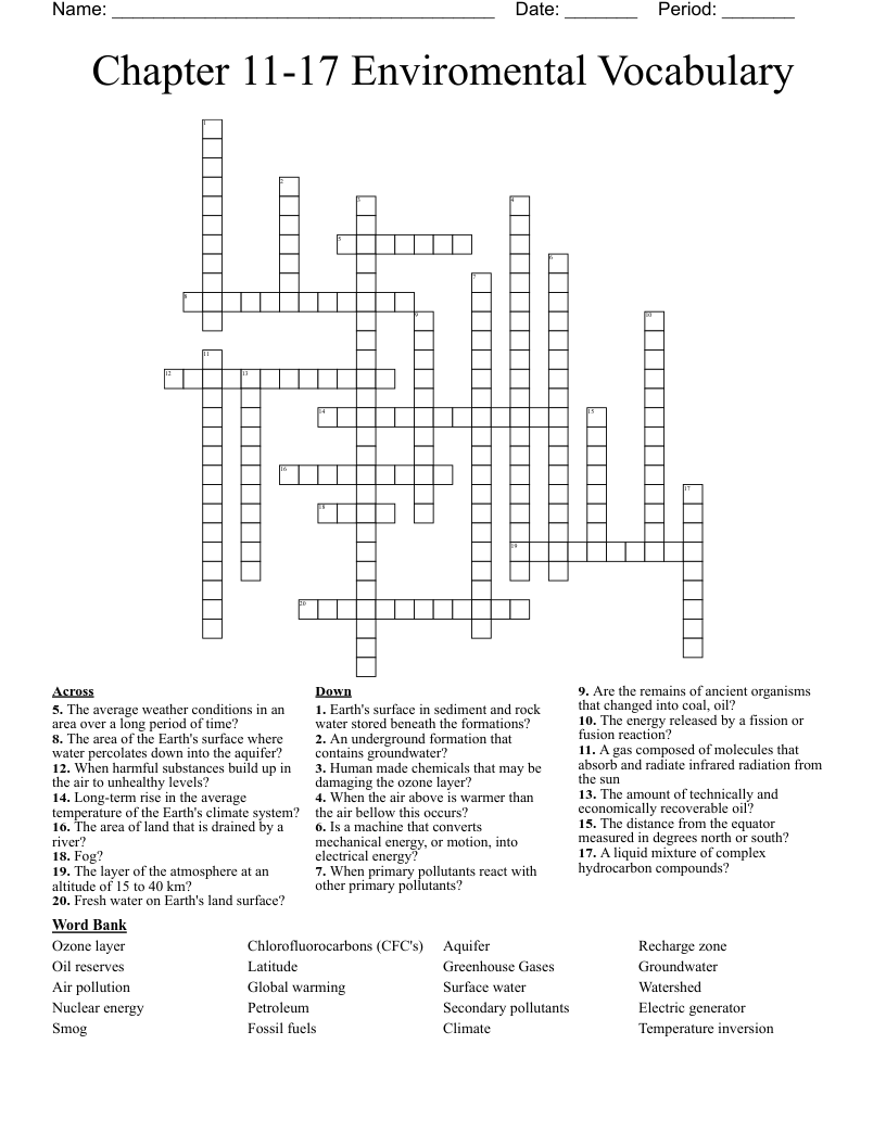 Chapter 11-17 Enviromental Vocabulary Crossword