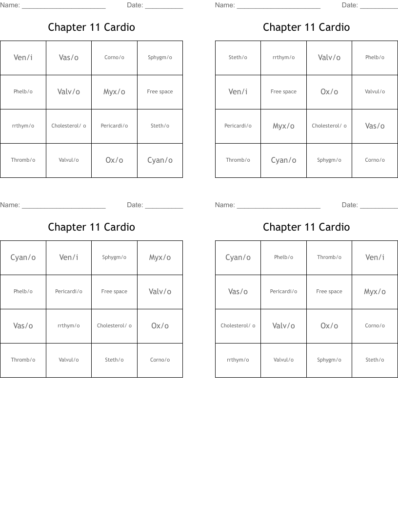 Chapter 11 Cardio Bingo Cards