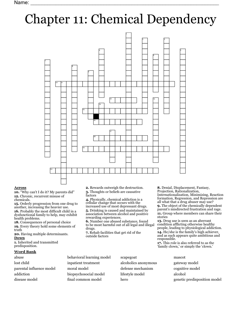 Chapter 11: Chemical Dependency Crossword