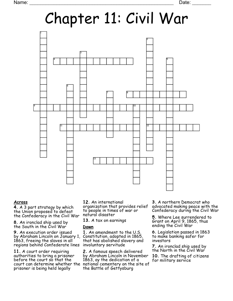Chapter 11: Civil War Crossword
