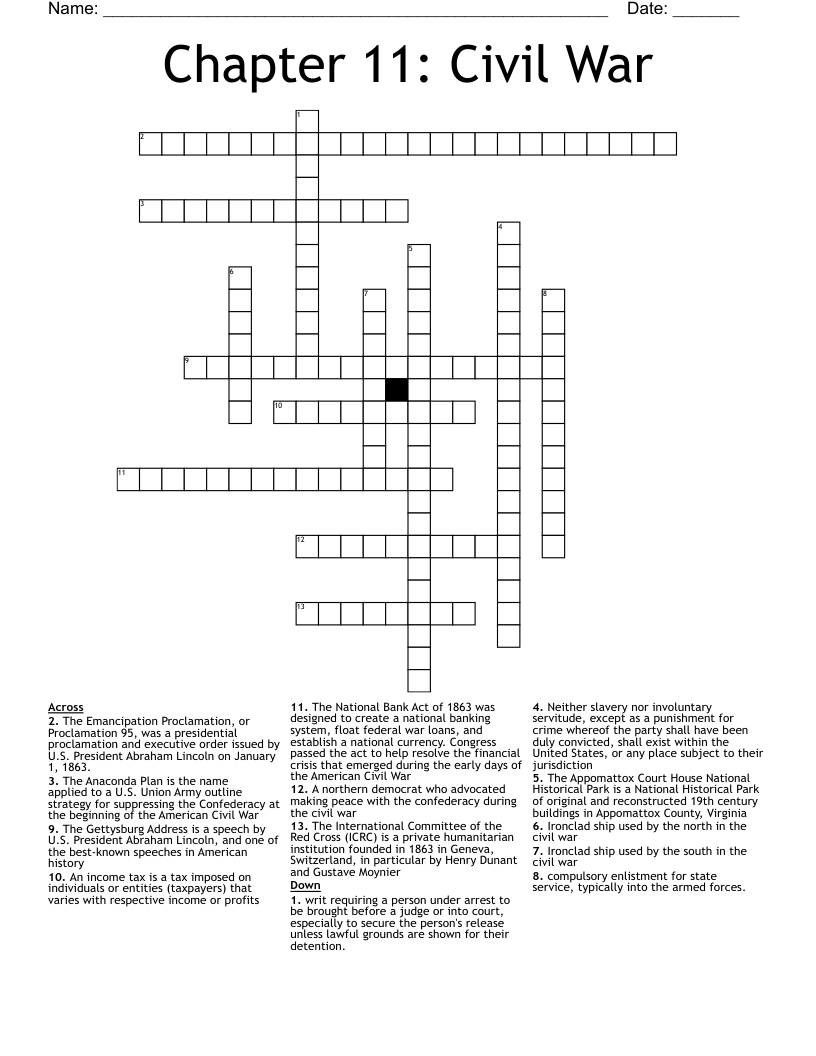 Chapter 11: Civil War Crossword