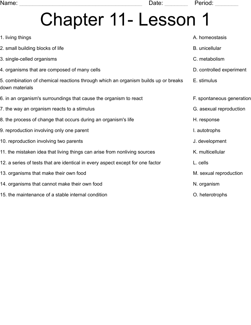 Chapter 11- Lesson 1 Worksheet