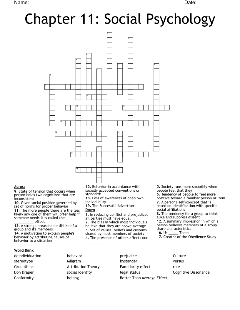 Chapter 11: Social Psychology Crossword