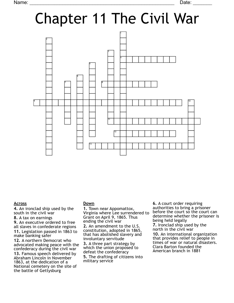 Chapter 11 The Civil War Crossword