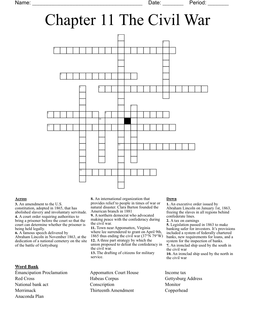 Chapter 11 The Civil War Crossword