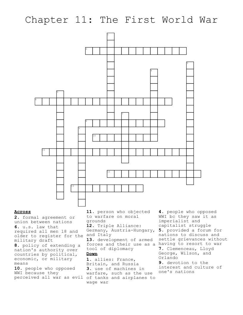 Chapter 11: The First World War Crossword