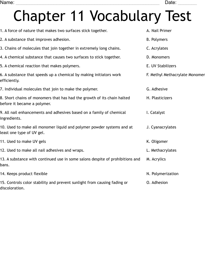 Chapter 11 Vocabulary Test Worksheet