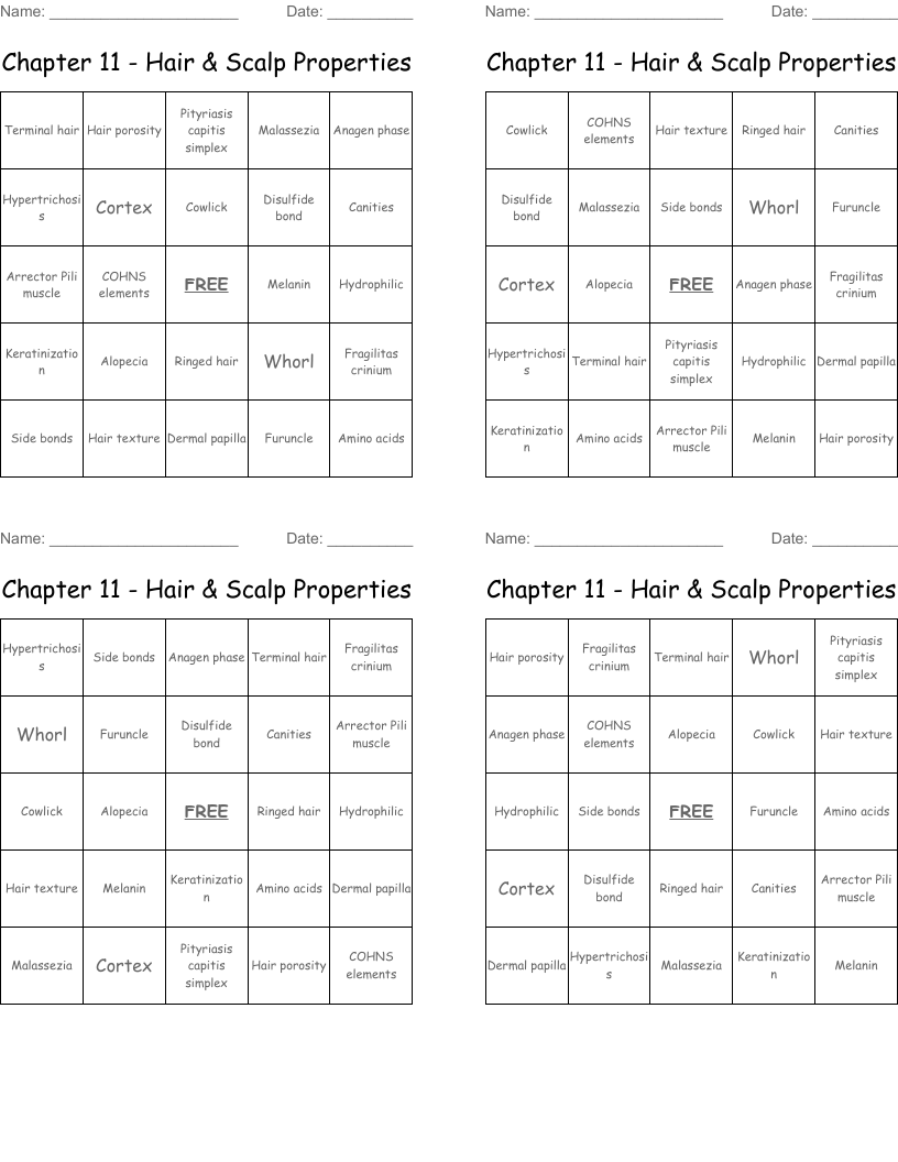 Chapter 11 - Hair & Scalp Properties Bingo Cards