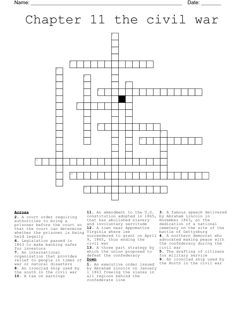 Chapter 11 the civil war Crossword
