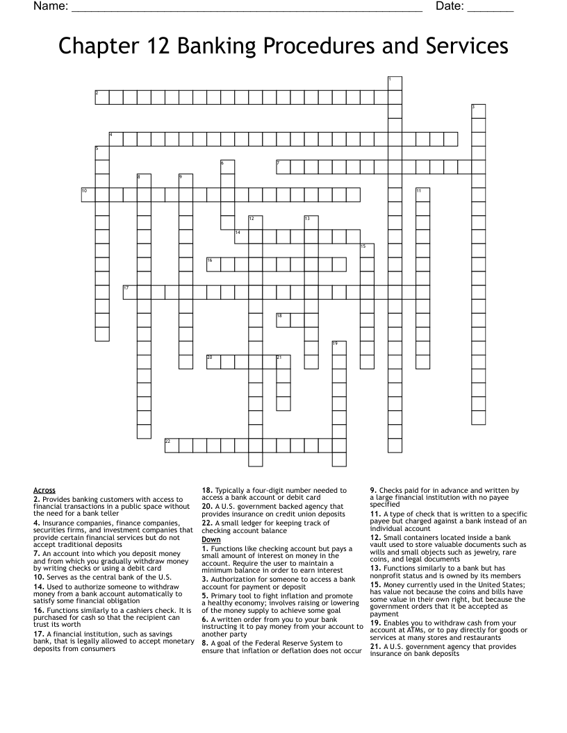 Chapter 12 Banking Procedures and Services Crossword