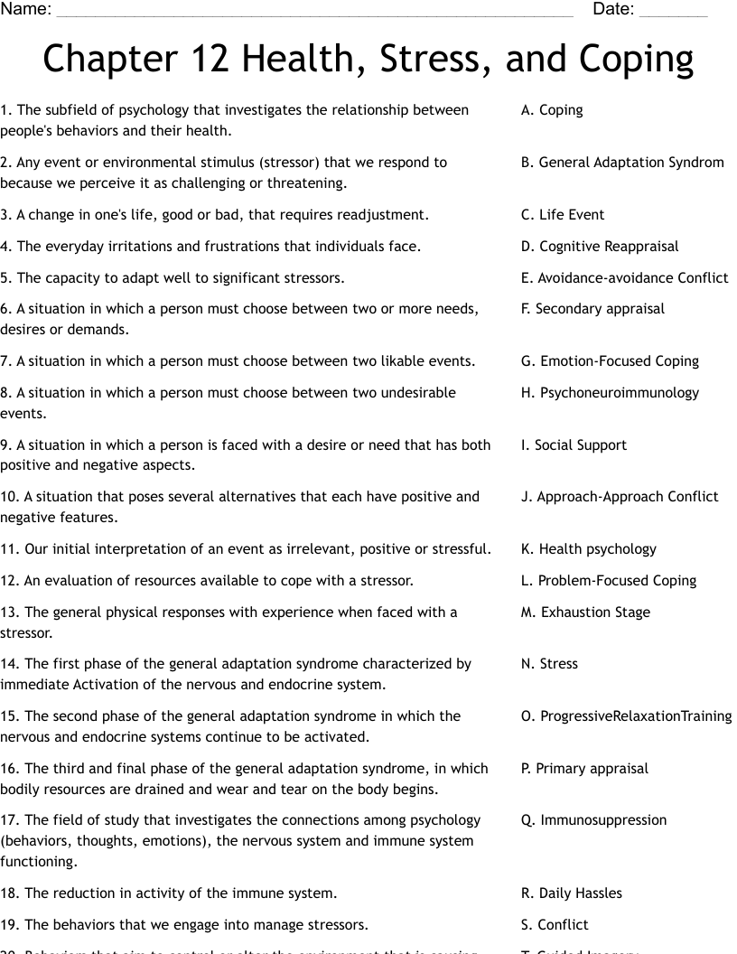 Chapter 12 Health, Stress, and Coping  Worksheet