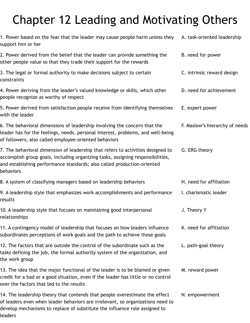 Chapter 12 Leading and Motivating Others Worksheet