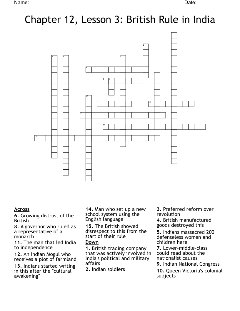 Chapter 12, Lesson 3: British Rule in India Crossword